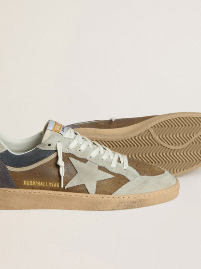 Men's Ball Star in military-green waxed suede with ice-gray suede star and heel tab - Golden Goose Men