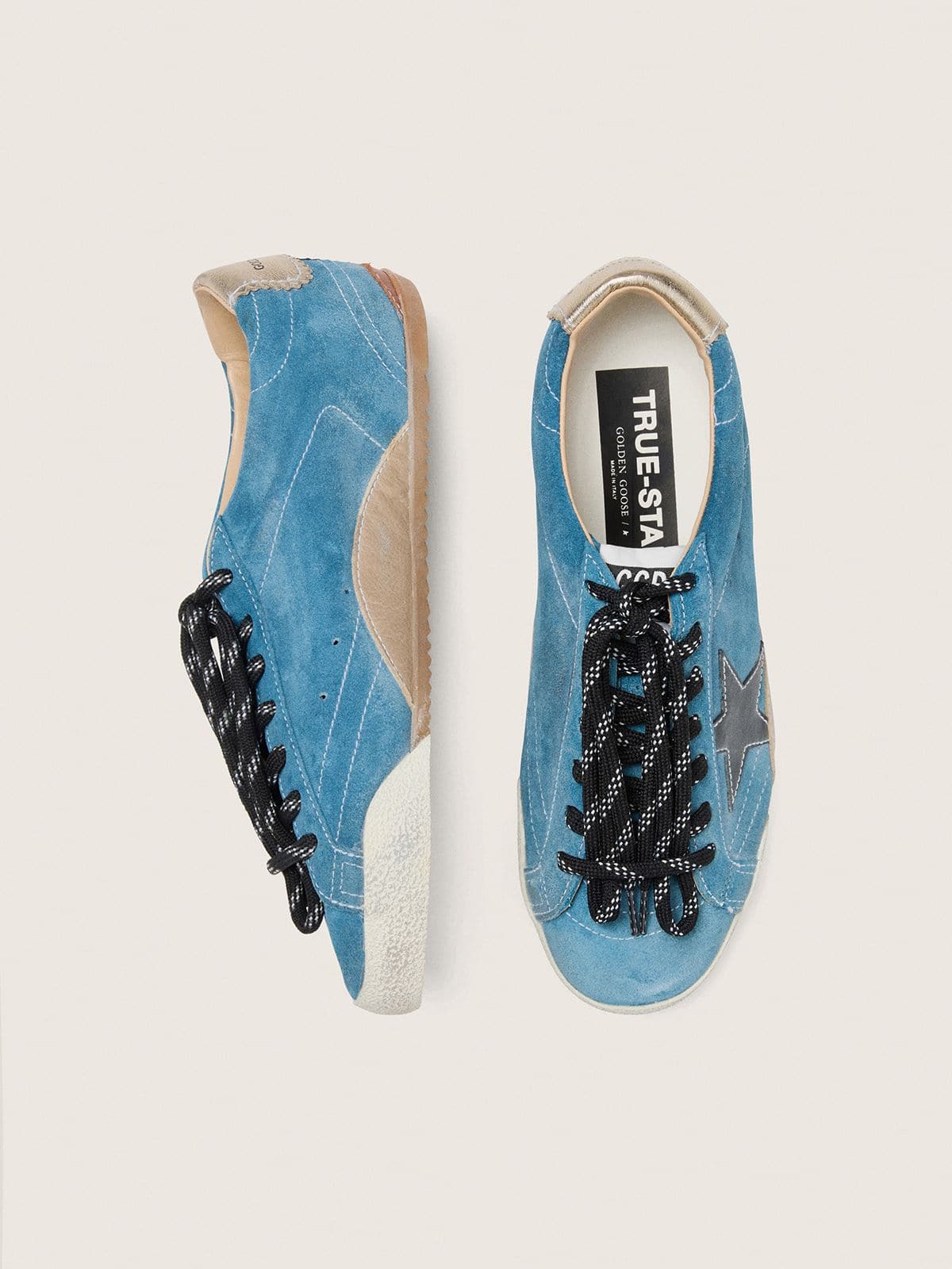 Men's True-Star in teal suede with black star and cream heel tab - Golden Goose Men