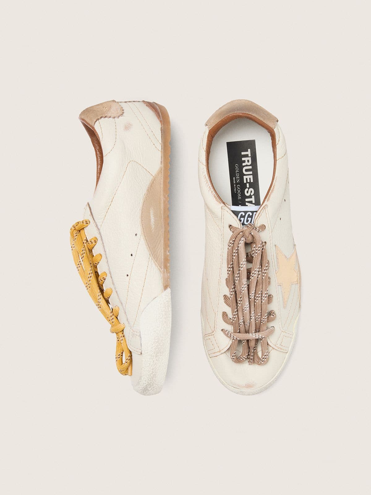 Men's True-Star in white nappa leather with gold foiled leather star and beige suede heel tab - Golden Goose Men