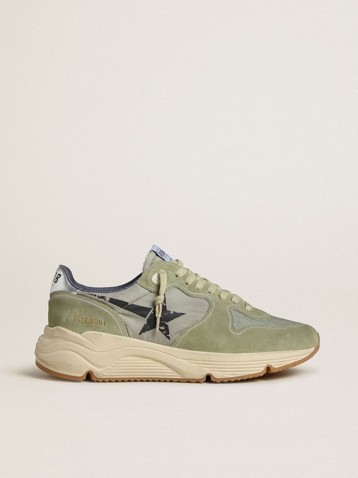 Men's Running Sole in sage-green nylon and suede with printed black star - Golden Goose Men