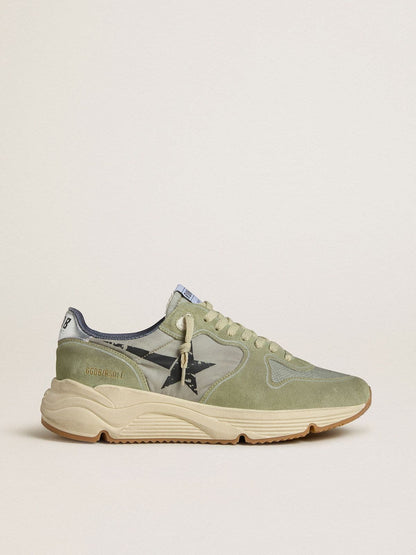 Men's Running Sole in sage-green nylon and suede with printed black star - Golden Goose Men