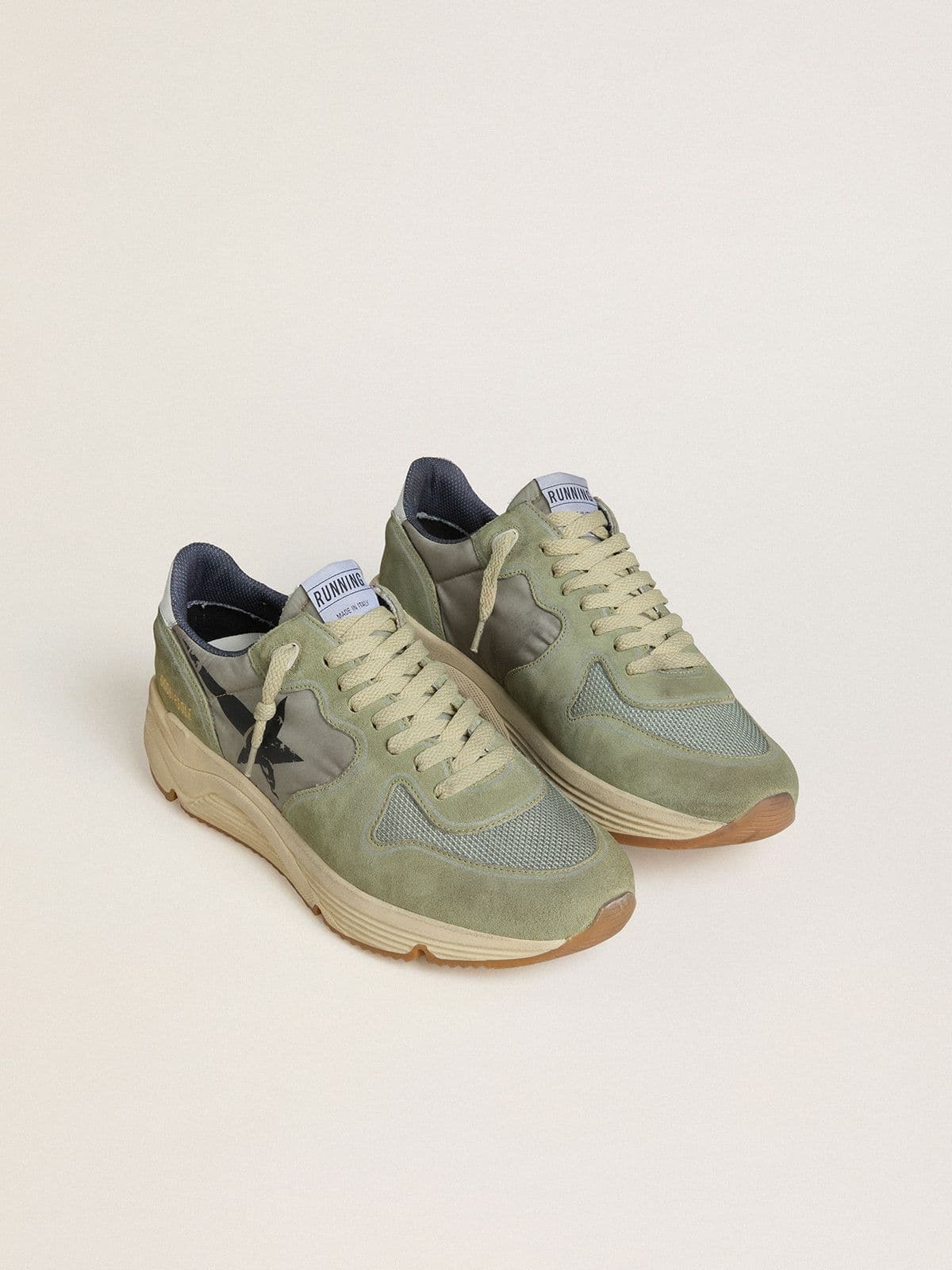 Men's Running Sole in sage-green nylon and suede with printed black star - Golden Goose Men