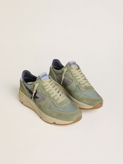 Men's Running Sole in sage-green nylon and suede with printed black star - Golden Goose Men