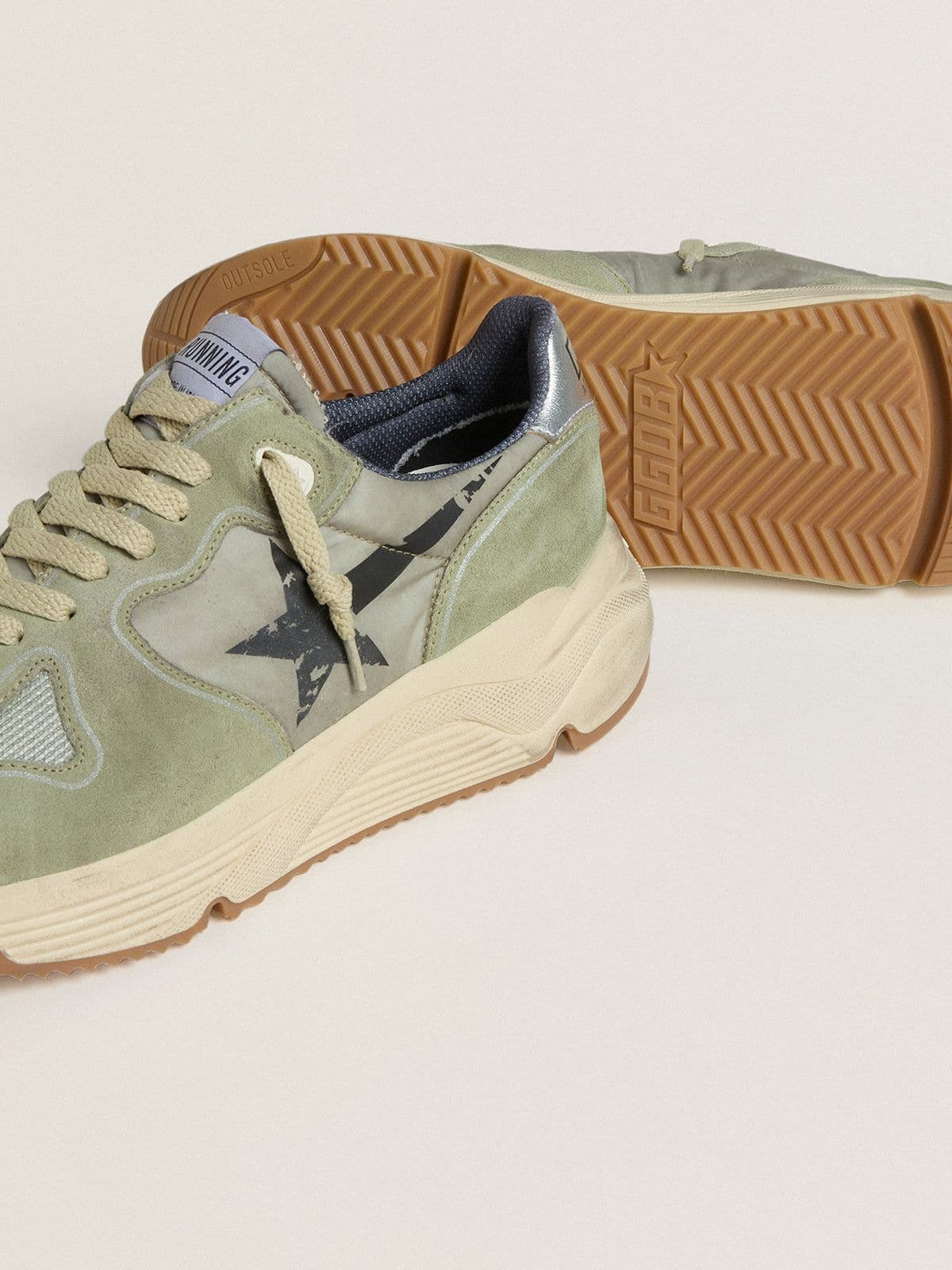 Men's Running Sole in sage-green nylon and suede with printed black star - Golden Goose Men