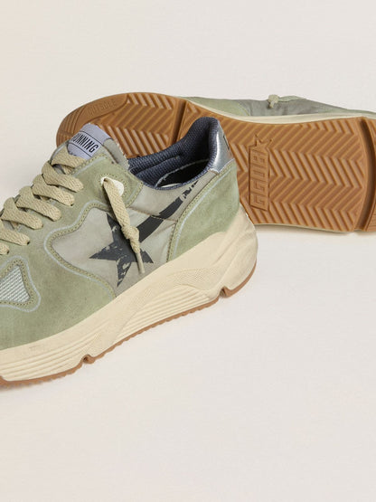 Men's Running Sole in sage-green nylon and suede with printed black star - Golden Goose Men
