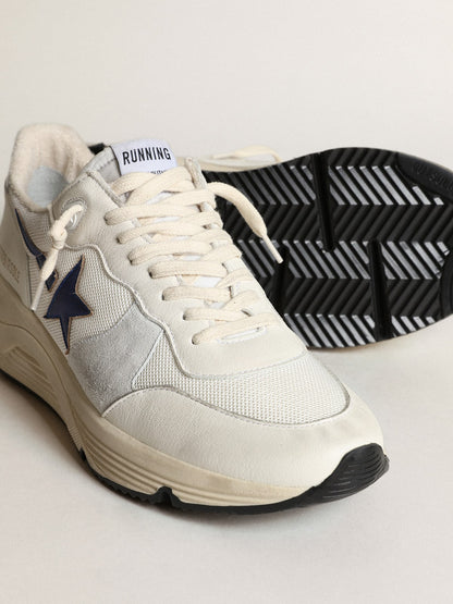 Running Sole in white leather and mesh with blue laminated leather star - Golden Goose Men