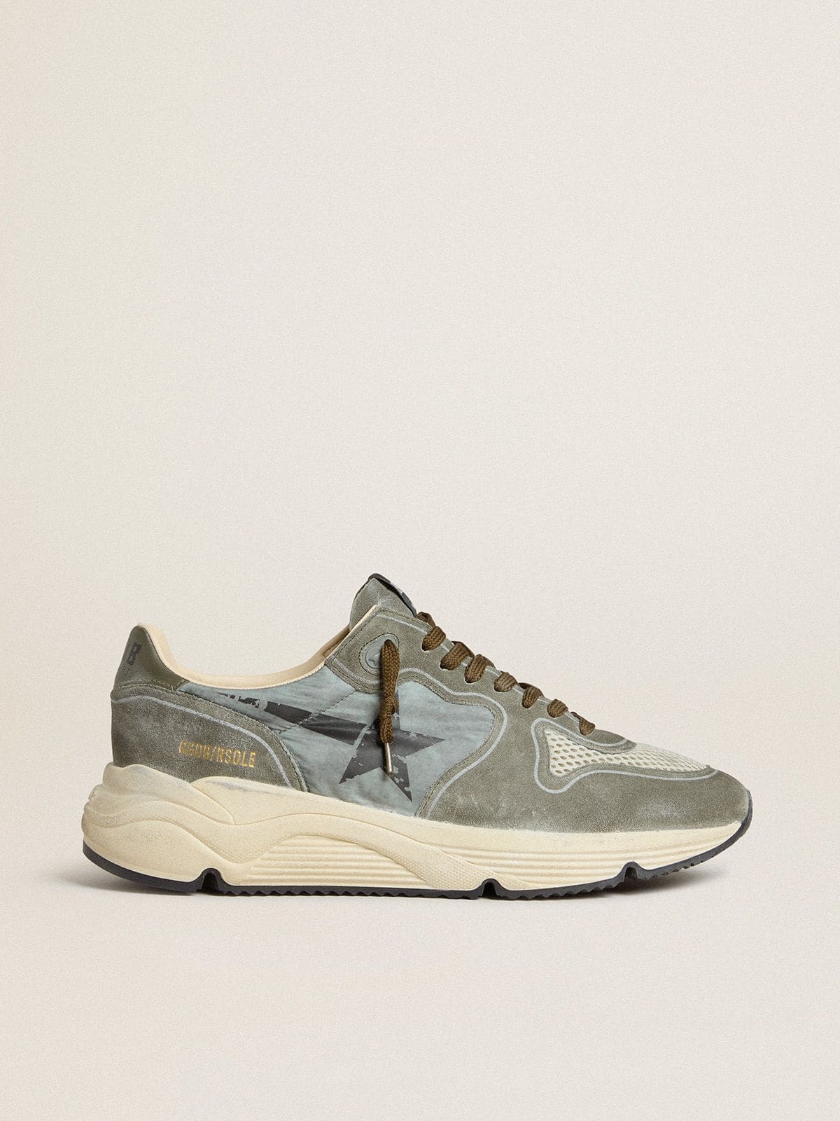 Men's Running Sole in light blue nylon with black star and green leather heel tab - Golden Goose Men