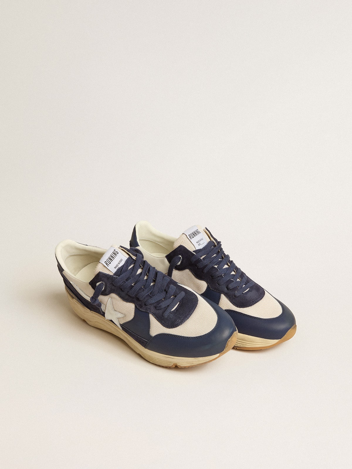 Running Sole in cream mesh and blue leather with a white leather star - Golden Goose Men