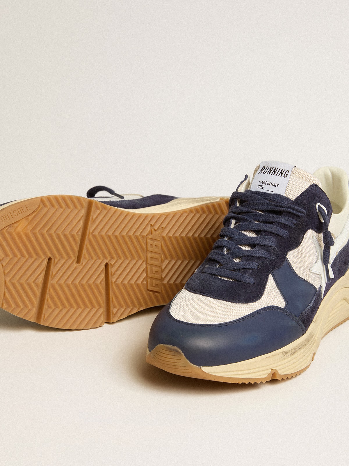 Running Sole in cream mesh and blue leather with a white leather star - Golden Goose Men