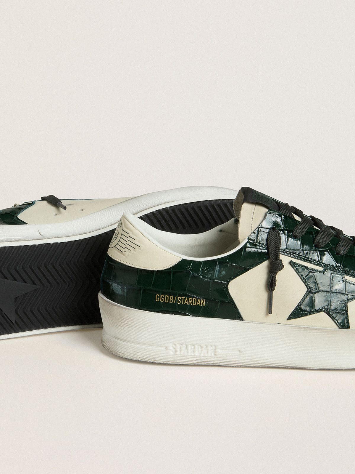 Men's Stardan LTD in cream leather with green crocodile-print leather star and inserts - Golden Goose Men