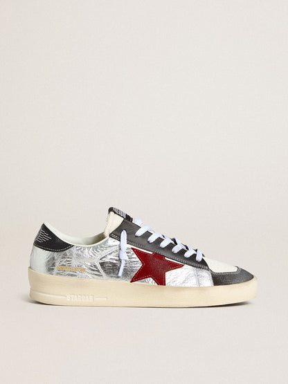 Men’s Stardan in laminated silver nylon with burgundy suede star - Golden Goose Men