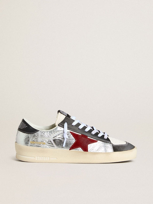 Men’s Stardan in laminated silver nylon with burgundy suede star - Golden Goose Men