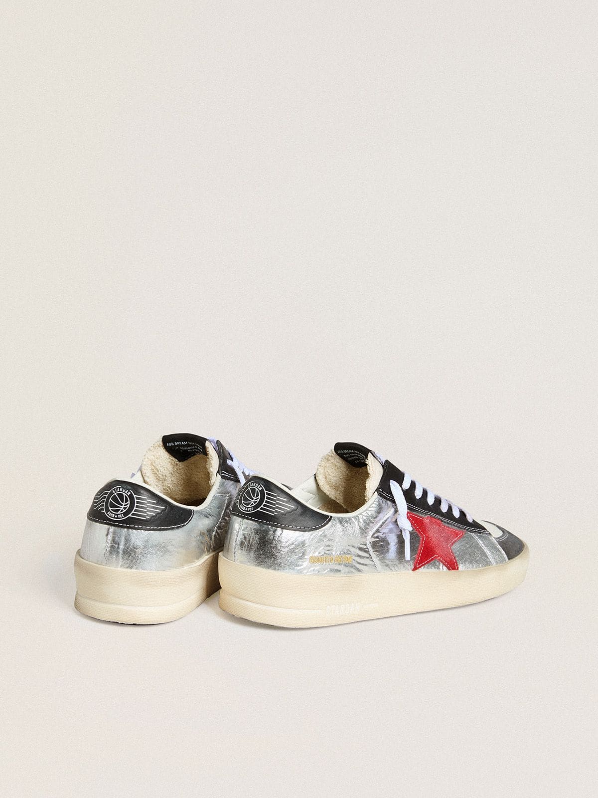Men’s Stardan in laminated silver nylon with burgundy suede star - Golden Goose Men