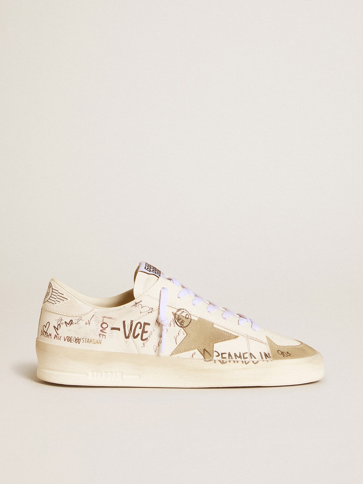 Stardan in leather with all-over lettering and ice-gray suede star - Golden Goose Men