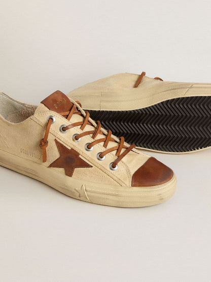 Men's V-Star in cream canvas with tobacco leather star - Golden Goose Men