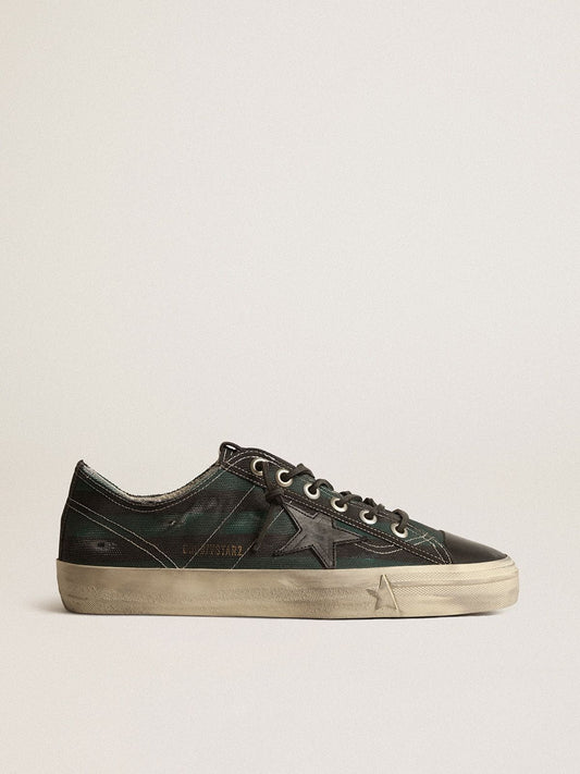 Men's V-Star in black and green striped canvas with black leather star and toe - Golden Goose Men