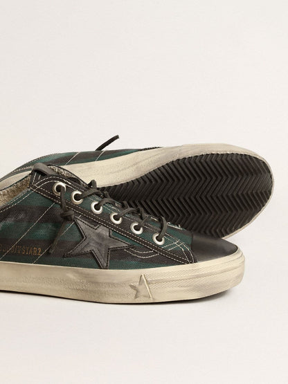 Men's V-Star in black and green striped canvas with black leather star and toe - Golden Goose Men