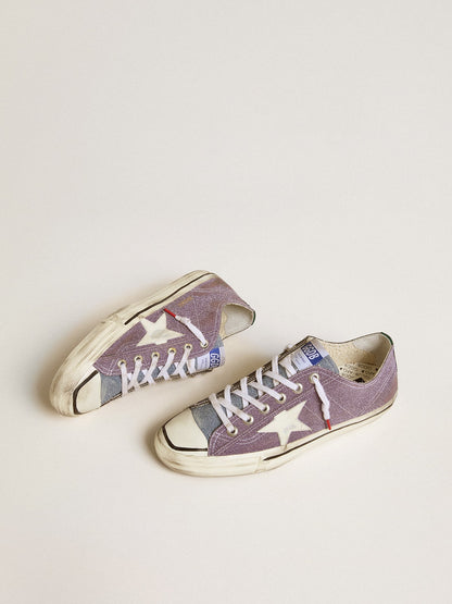 Men’s V-Star LAB in lilac leather and glitter with white star and silver glitter tongue - Golden Goose Men