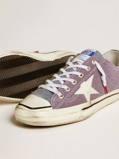Men’s V-Star LAB in lilac leather and glitter with white star and silver glitter tongue - Golden Goose Men