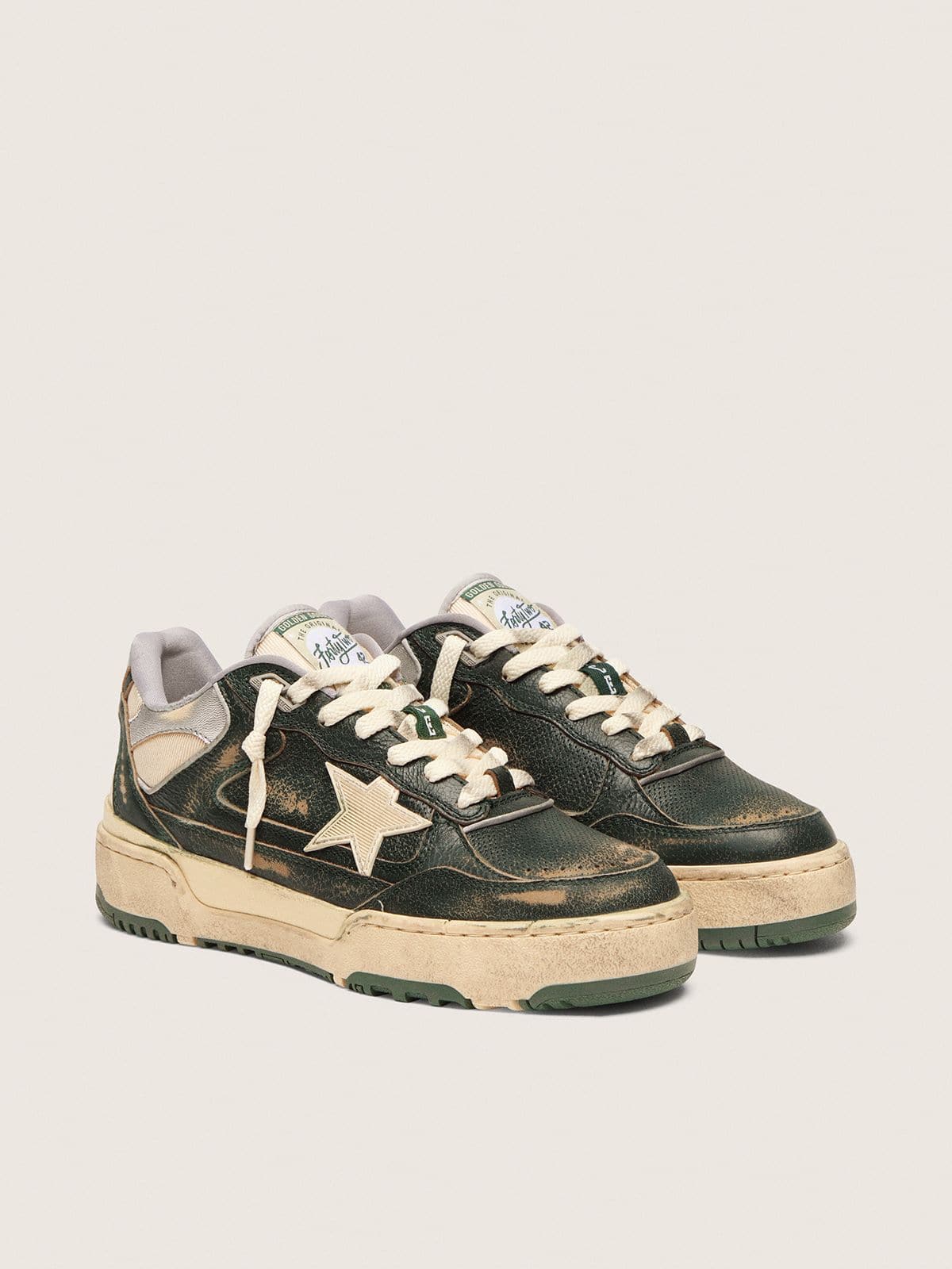 Men's Forty2 in green leather and cream nylon with TPU star and silver leather heel tab - Golden Goose Men