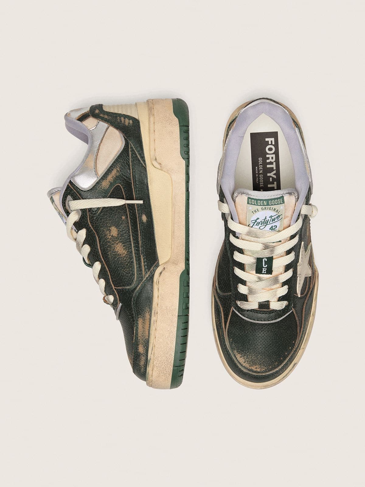 Men's Forty2 in green leather and cream nylon with TPU star and silver leather heel tab - Golden Goose Men
