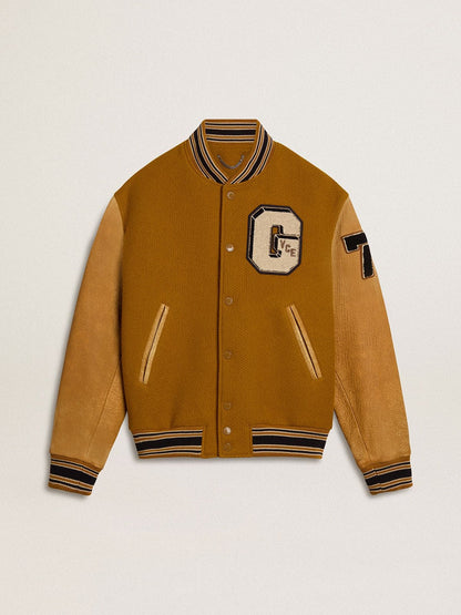 Ochre yellow wool bomber jacket with leather sleeves - Golden Goose Men