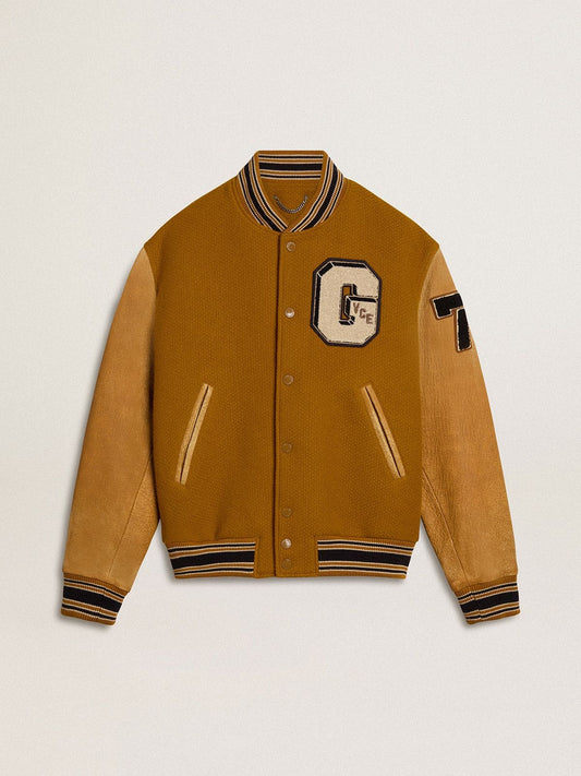 Ochre yellow wool bomber jacket with leather sleeves - Golden Goose Men