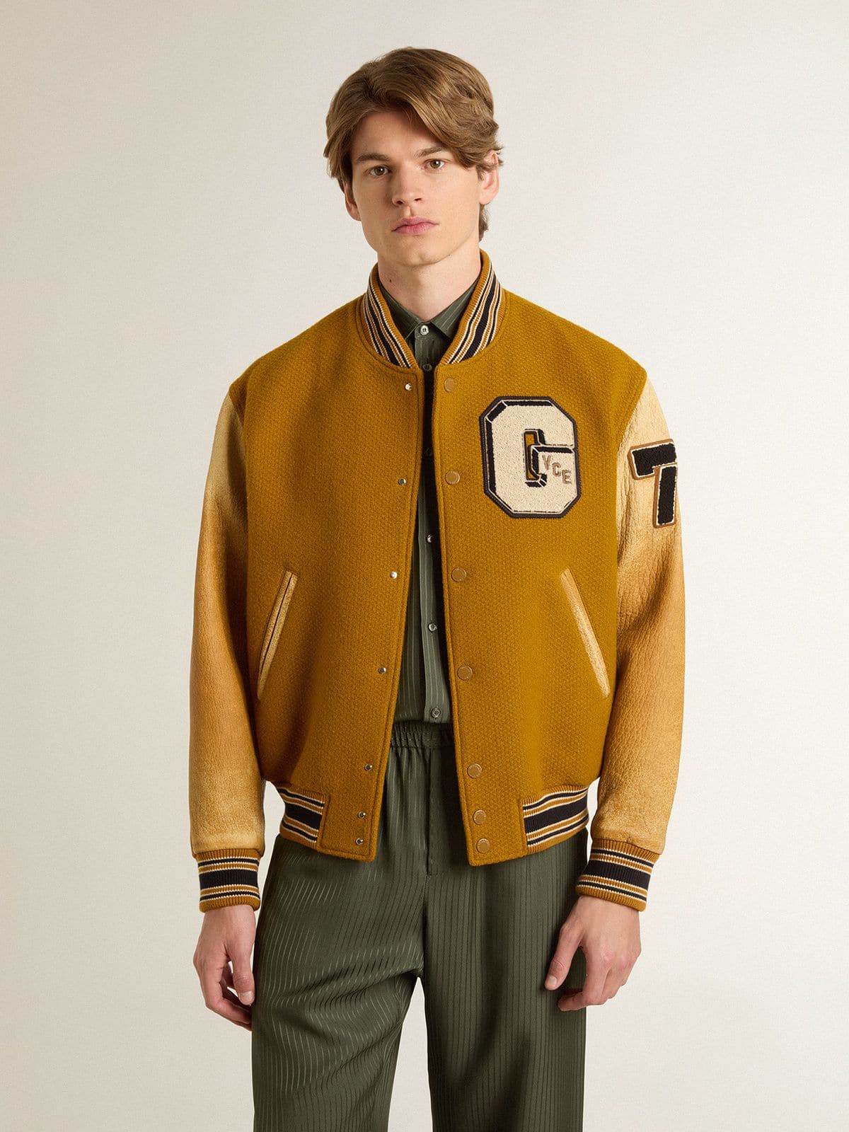 Ochre yellow wool bomber jacket with leather sleeves - Golden Goose Men