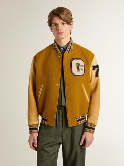 Ochre yellow wool bomber jacket with leather sleeves - Golden Goose Men
