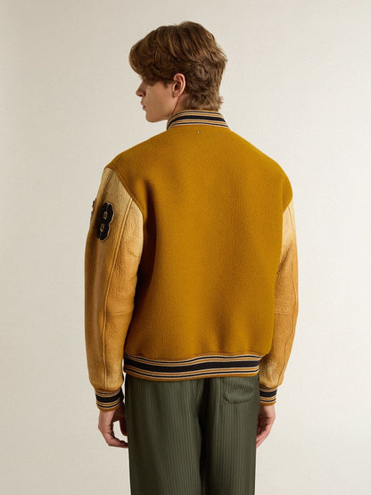 Ochre yellow wool bomber jacket with leather sleeves - Golden Goose Men