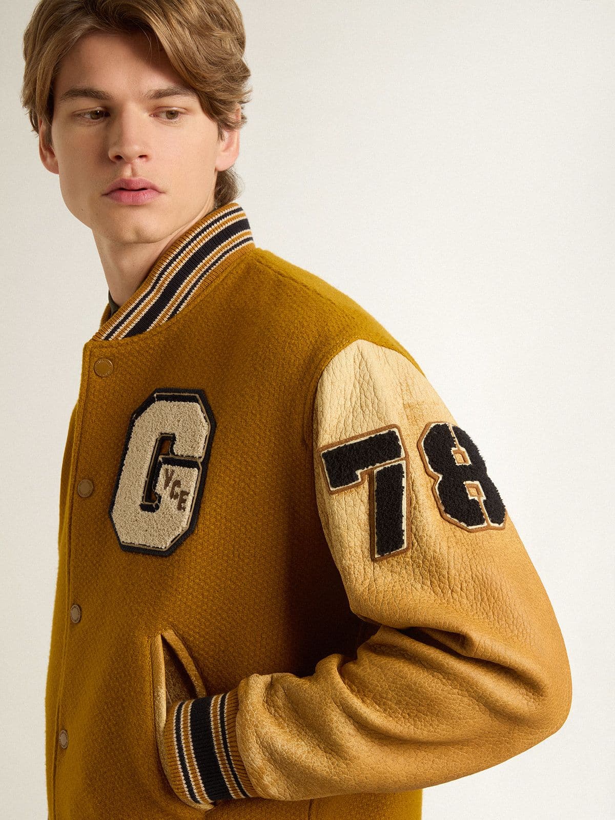 Ochre yellow wool bomber jacket with leather sleeves - Golden Goose Men