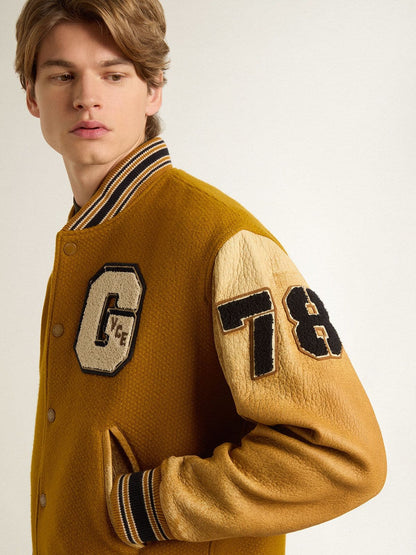 Ochre yellow wool bomber jacket with leather sleeves - Golden Goose Men