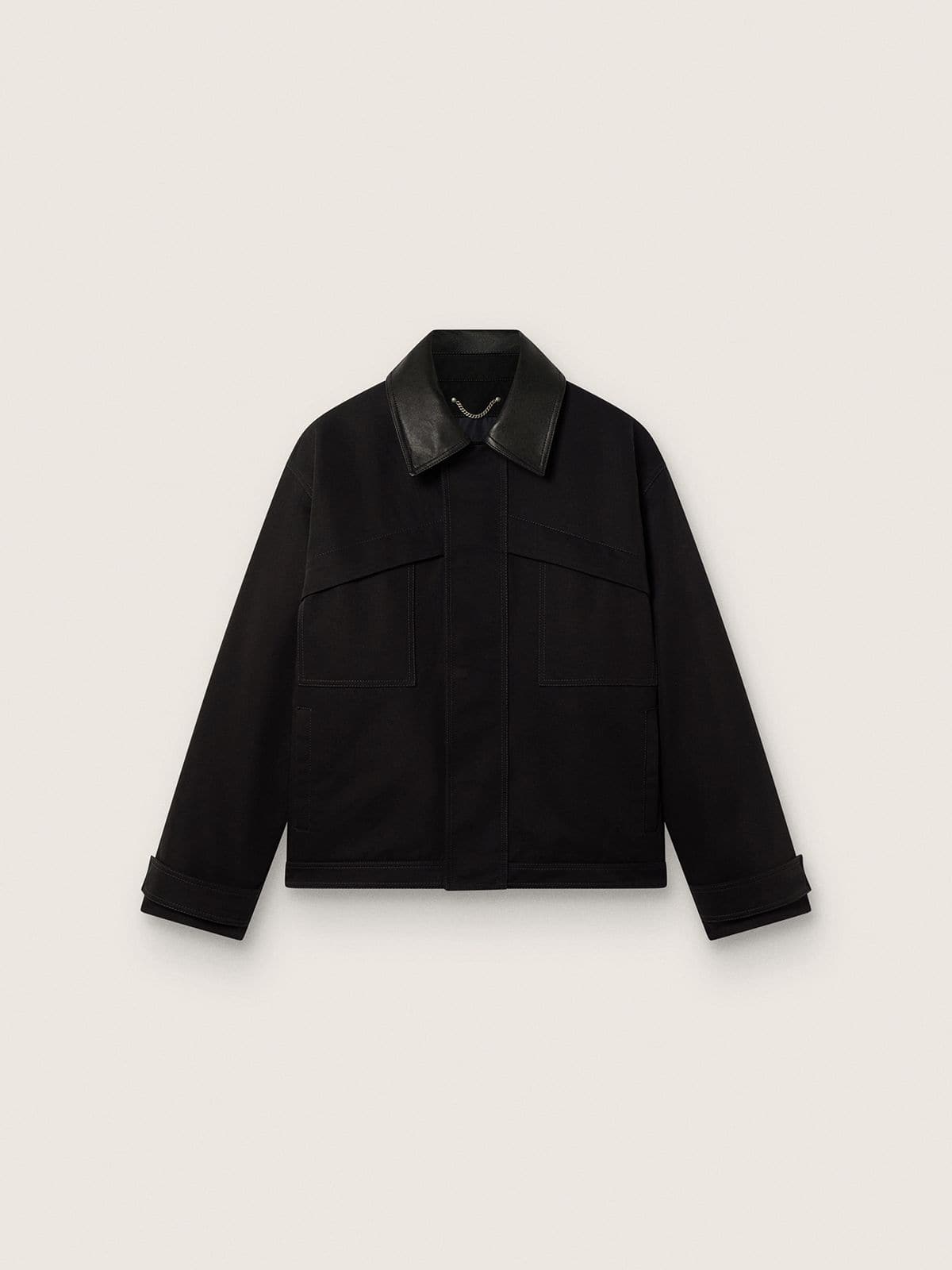 Men's short padded jacket in black cotton with leather collar - Golden Goose Men