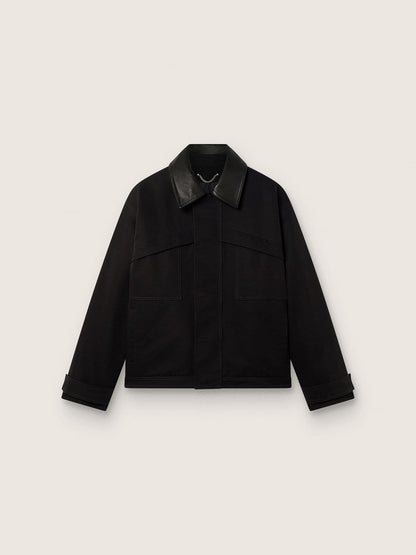 Men's short padded jacket in black cotton with leather collar - Golden Goose Men