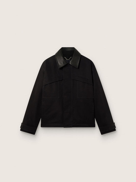 Men's short padded jacket in black cotton with leather collar - Golden Goose Men