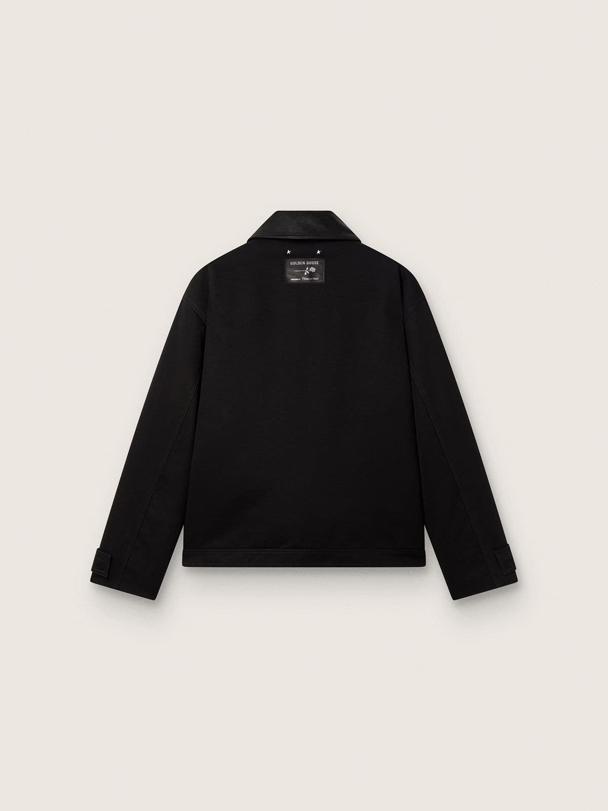 Men's short padded jacket in black cotton with leather collar - Golden Goose Men