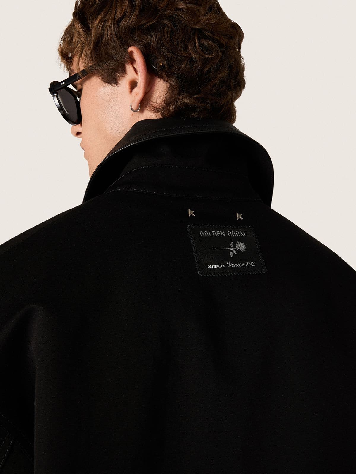 Men's short padded jacket in black cotton with leather collar - Golden Goose Men