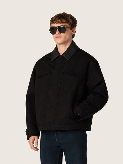 Men's short padded jacket in black cotton with leather collar - Golden Goose Men
