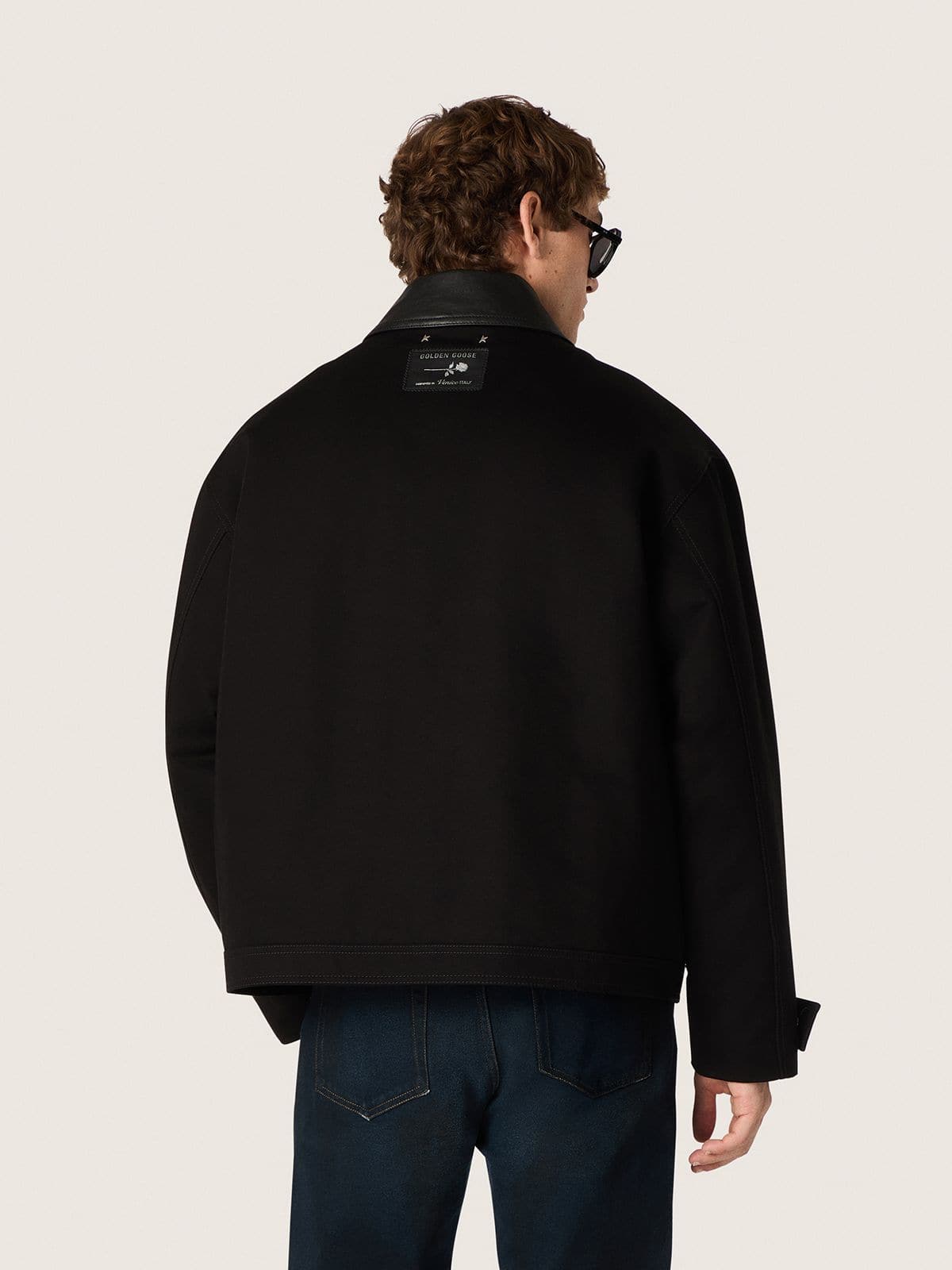 Men's short padded jacket in black cotton with leather collar - Golden Goose Men