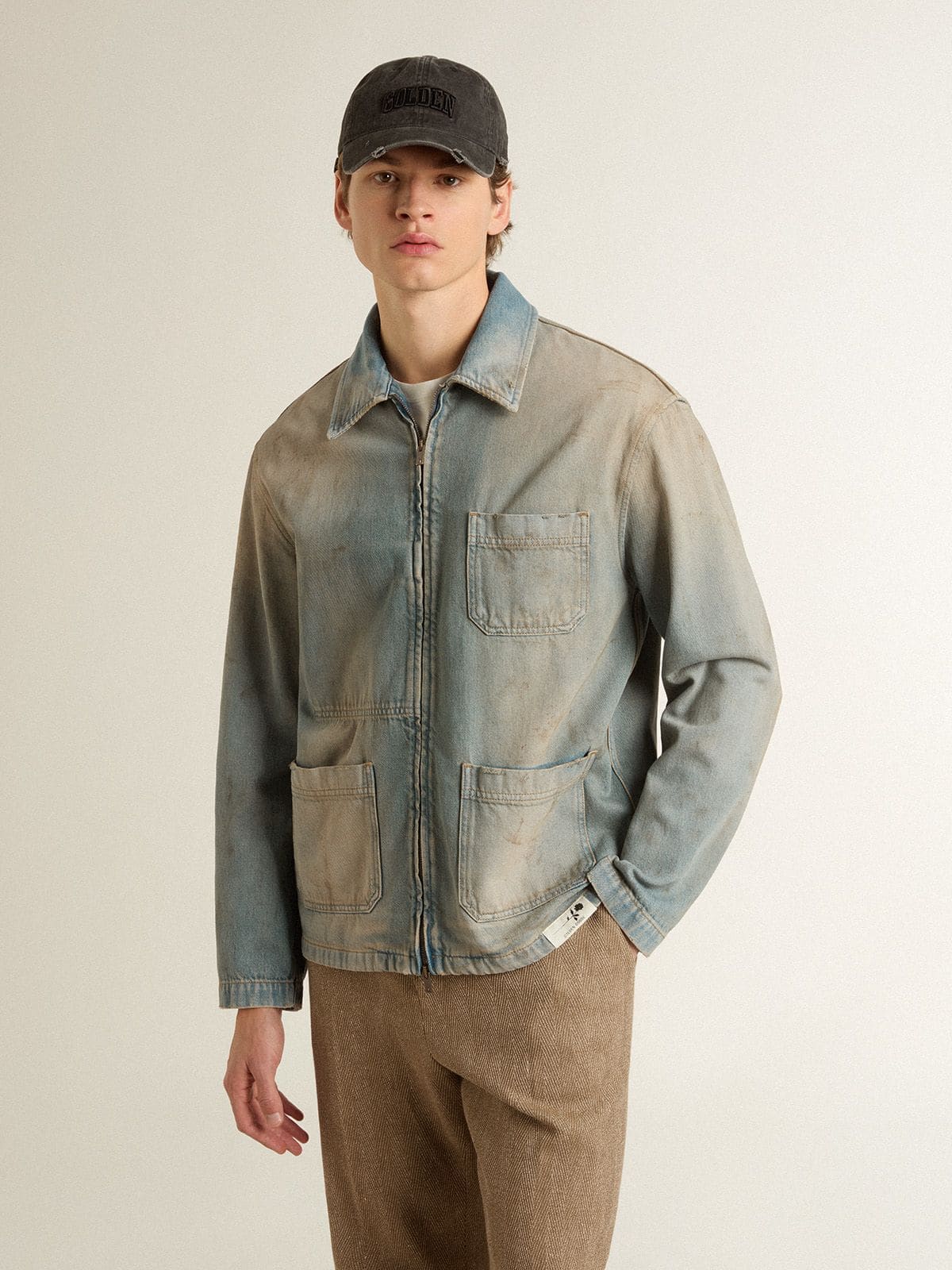 Men's distressed-effect denim jacket with zip - Golden Goose Men