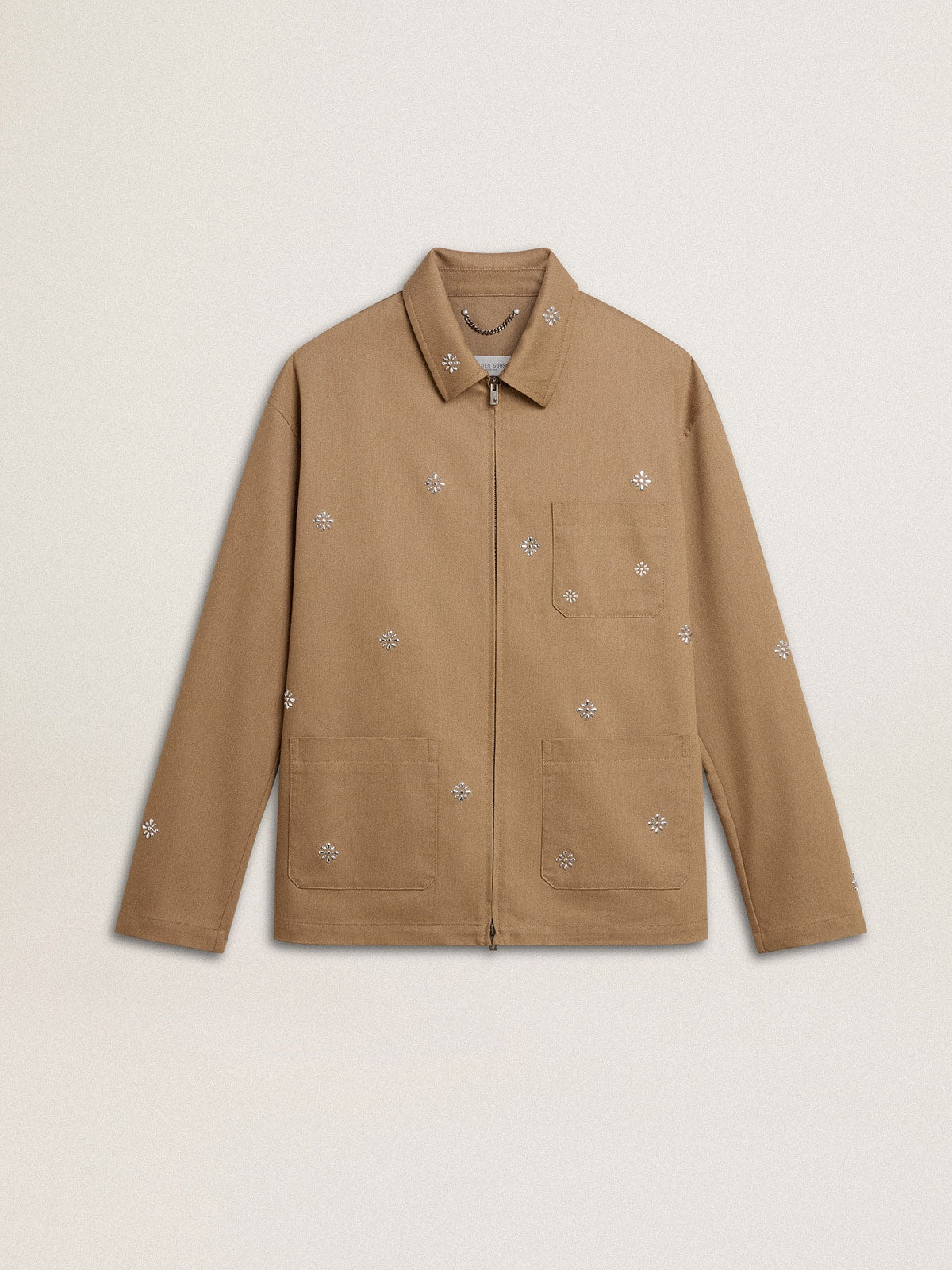 Men's beige jacket with floral embroidery and full zip - Golden Goose Men