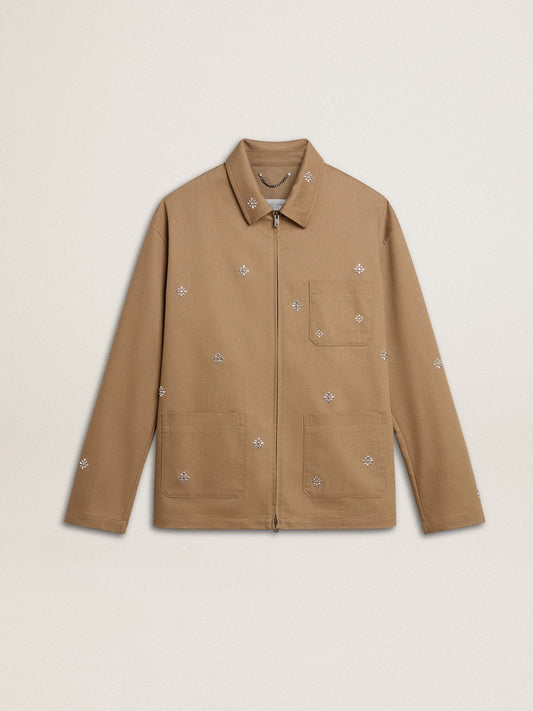 Men's beige jacket with floral embroidery and full zip - Golden Goose Men