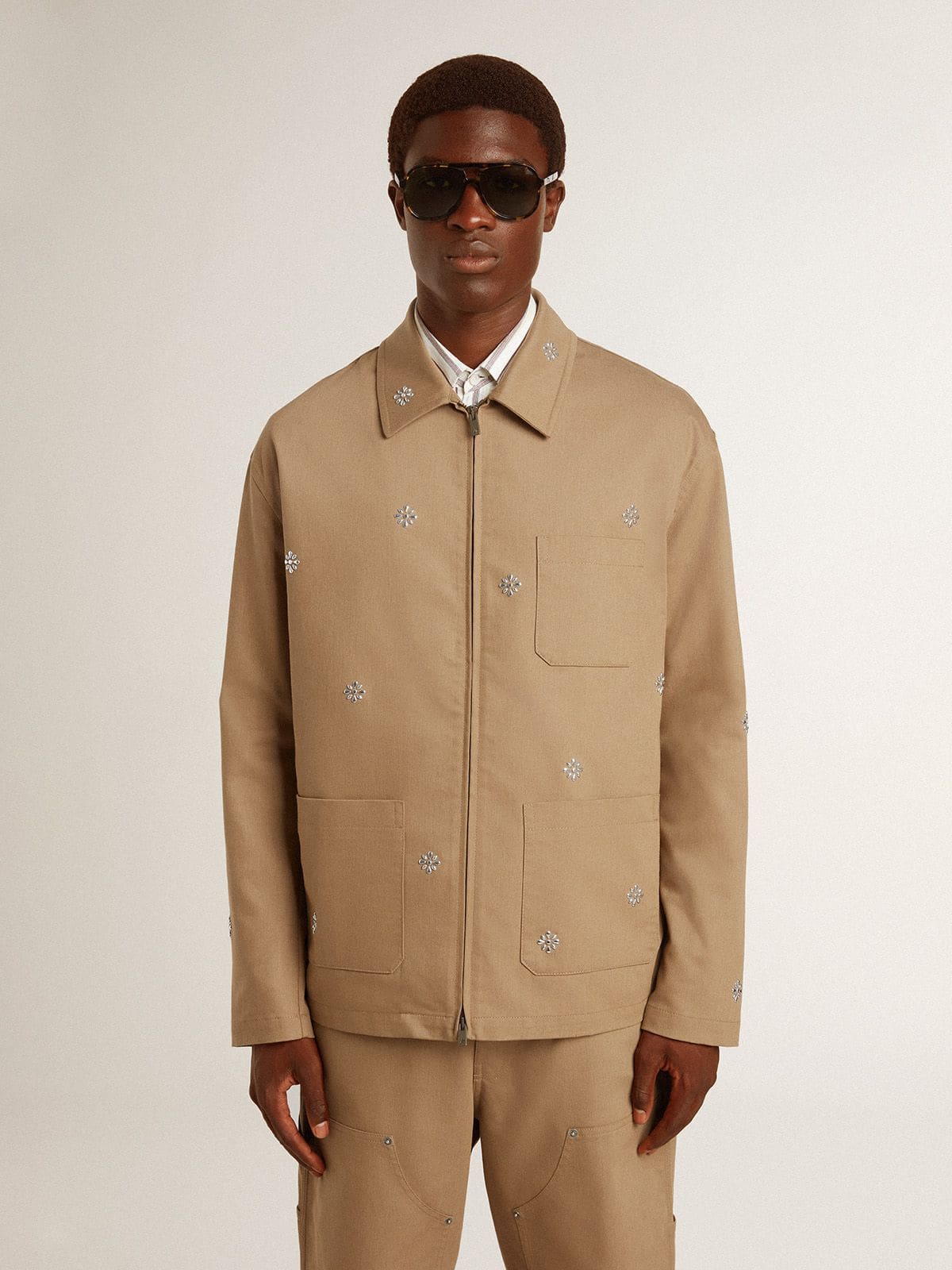 Men's beige jacket with floral embroidery and full zip - Golden Goose Men