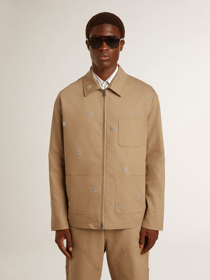 Men's beige jacket with floral embroidery and full zip - Golden Goose Men