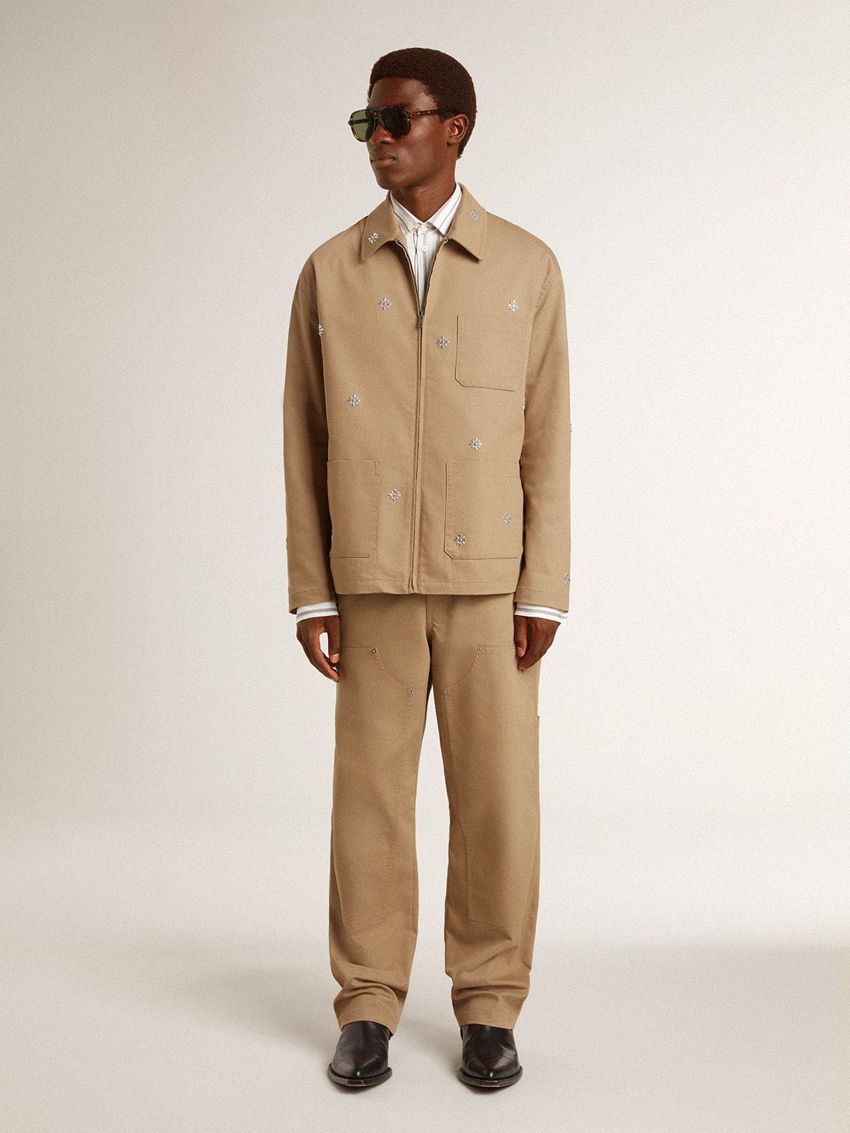 Men's beige jacket with floral embroidery and full zip - Golden Goose Men