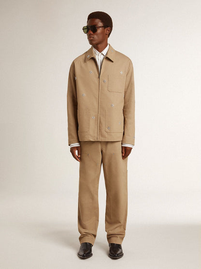 Men's beige jacket with floral embroidery and full zip - Golden Goose Men