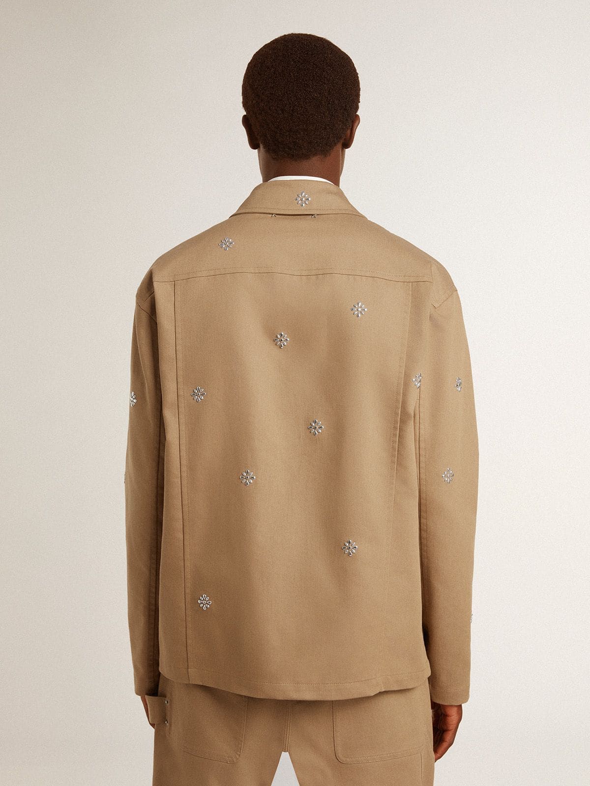 Men's beige jacket with floral embroidery and full zip - Golden Goose Men