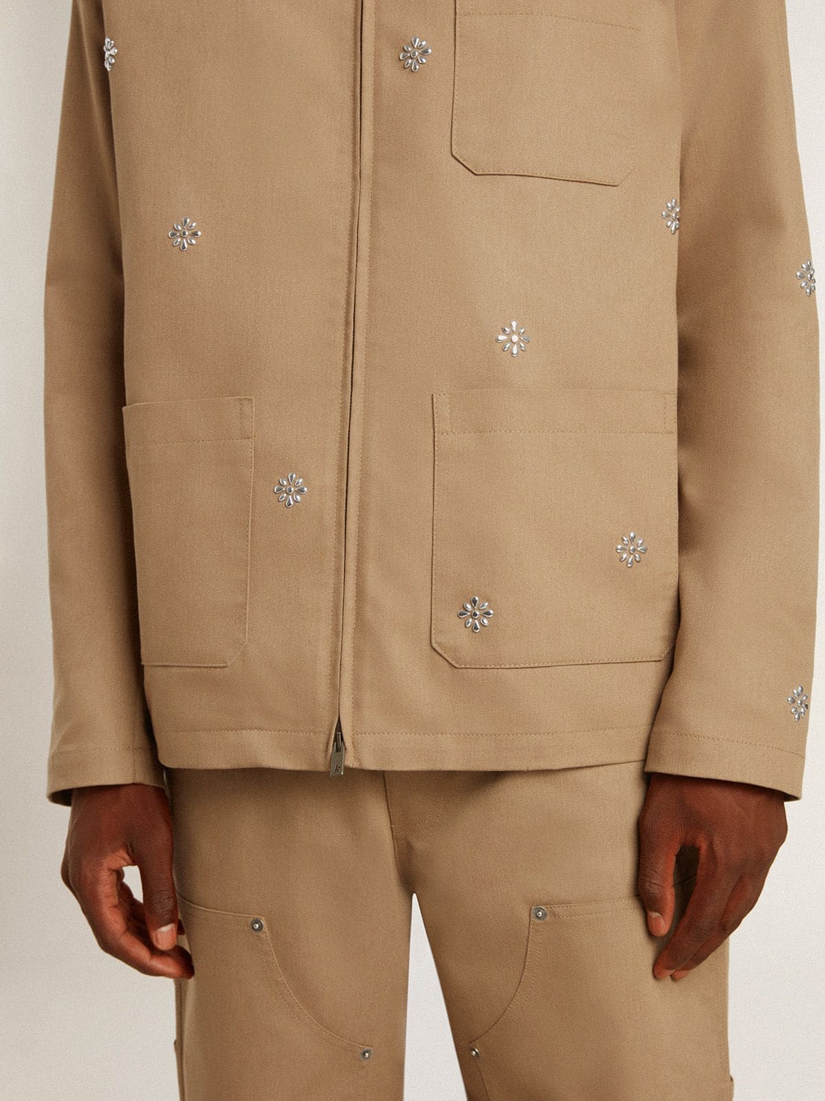 Men's beige jacket with floral embroidery and full zip - Golden Goose Men