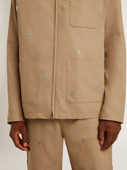Men's beige jacket with floral embroidery and full zip - Golden Goose Men