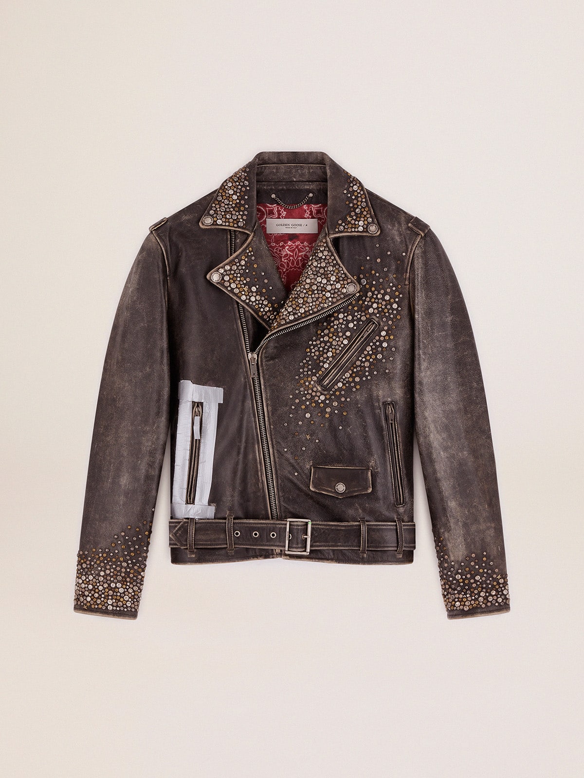 Men's leather biker jacket with hammered studs and adhesive tape - Golden Goose Men